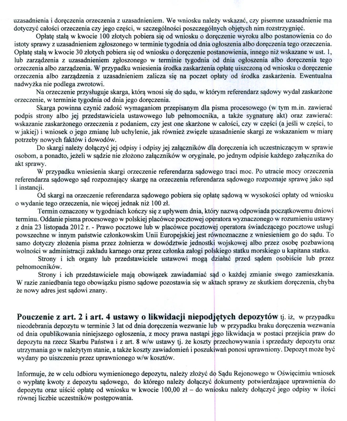 Druga strona postanowienia Sądu rejonowego w Oświęcimiu zawierające pouczenie